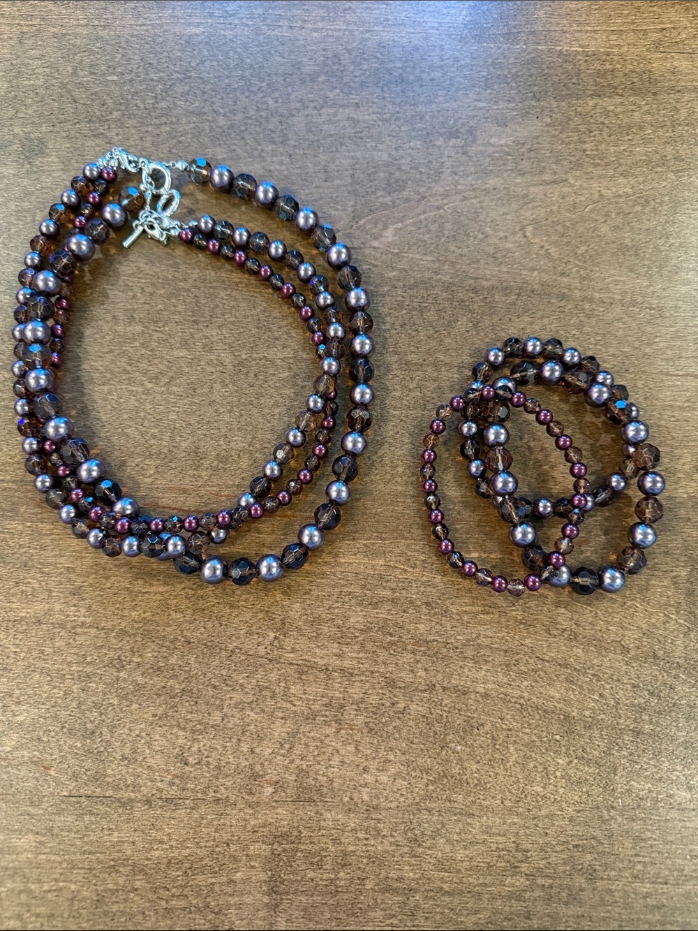 Elegant Multi-Strand Pearl and Bead Necklace & Bracelet Set - Purple Accent
